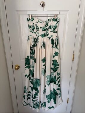 AGUA by Agua Bendita Strapless Cream Maxi Dress Emerald Green Floral Print (M)